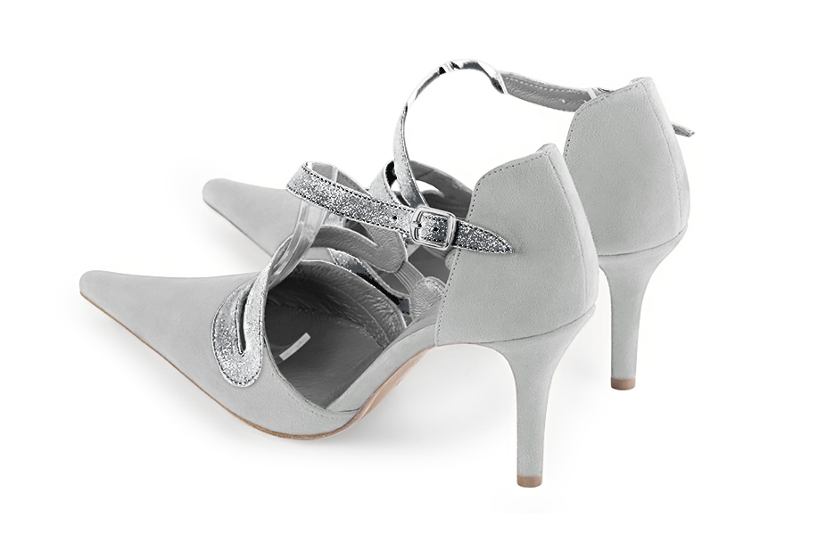 Women's pearl grey and silver open side dress shoes, with snake-shaped straps. Pointed toe. High slim heel - Rear view